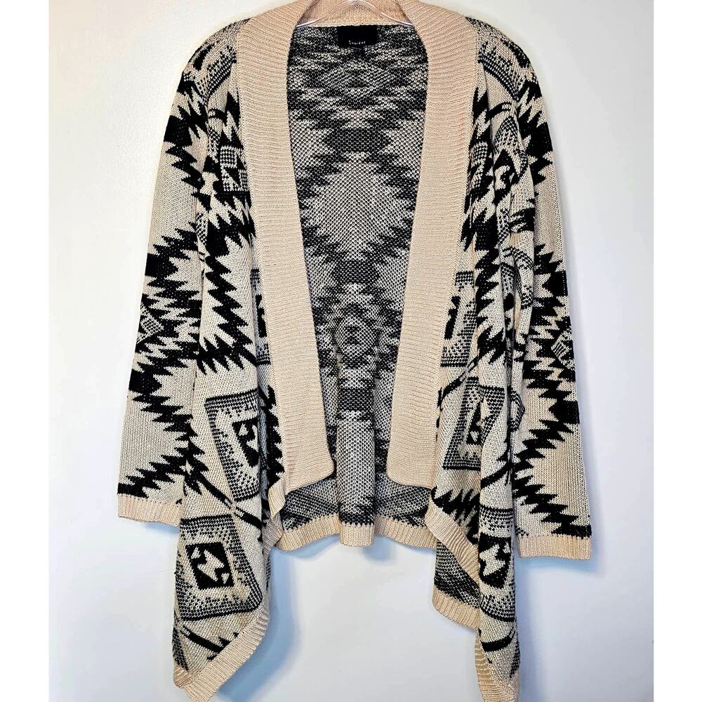 Lumiere Aztec Print Cardigan Sweater Black & Tan Tribal Design Western Boho Sz S